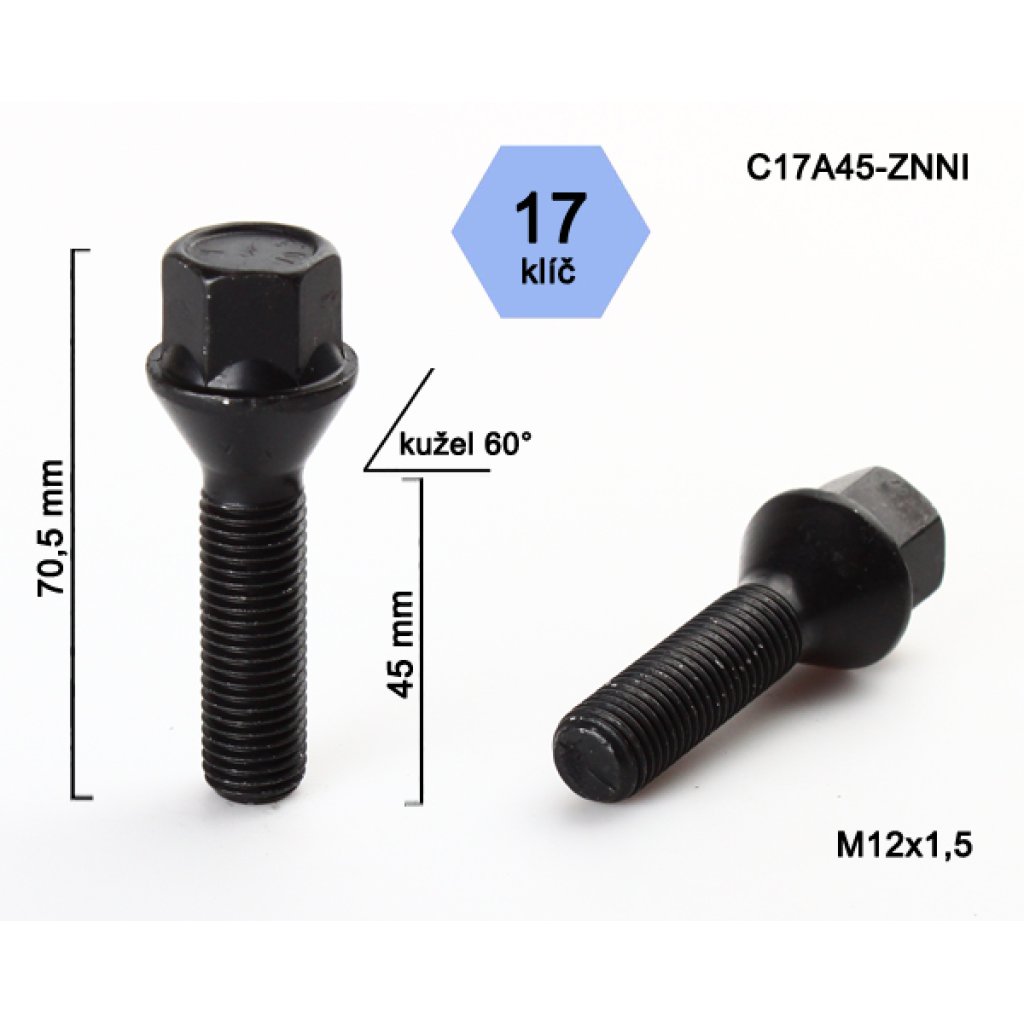 Kolový šroub M12x1,5x45 kužel, klíč 17 (C17A45-BLACK) černý, výška 70,5mm