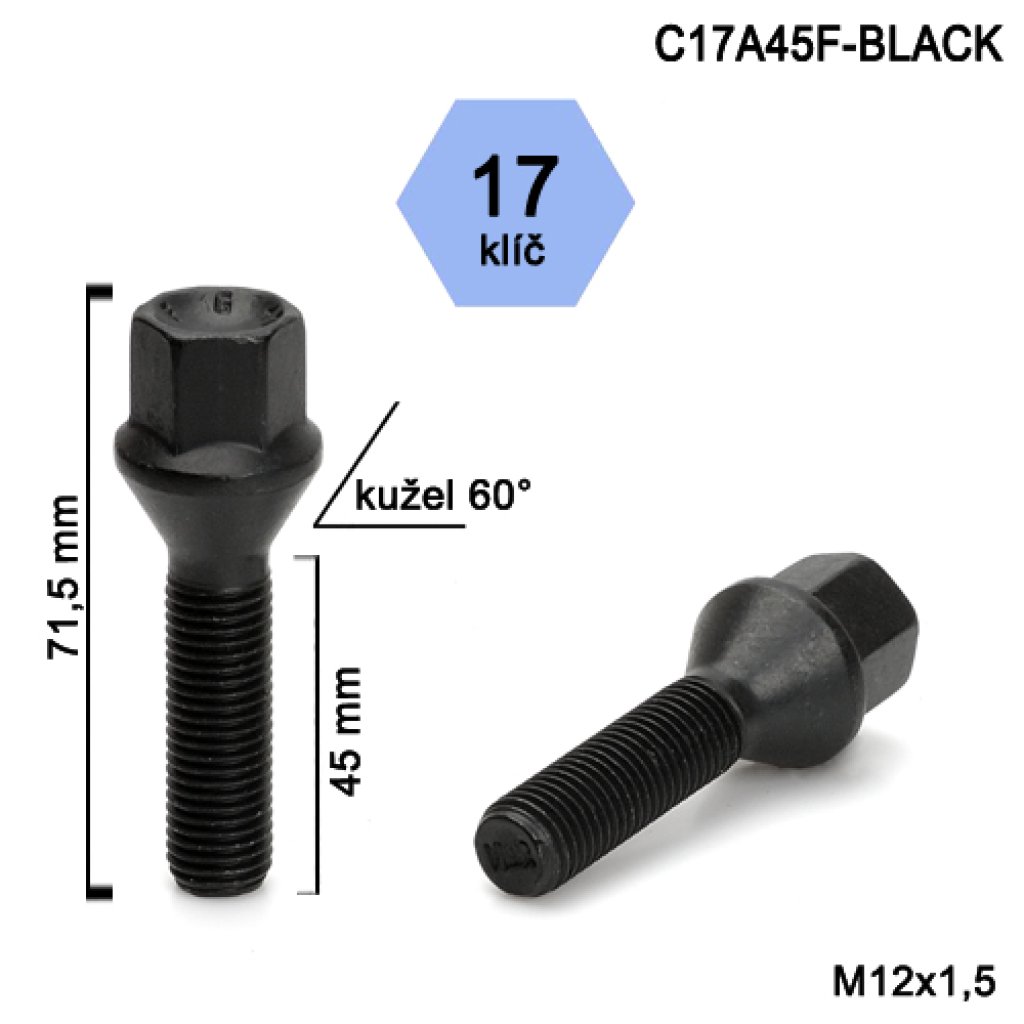 Kolový šroub M12x1,5x45 kužel, klíč 17 (C17A45F-BLACK)(SA2B18/S BLK) černý, výška 71,5mm