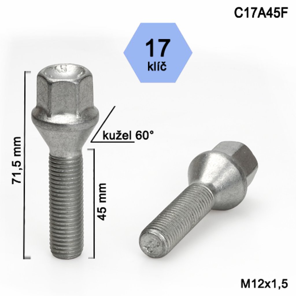 Kolový šroub M12x1,5x45 kužel, klíč 17 (C17A45F)(SA2B18/S) výška 71,5mm