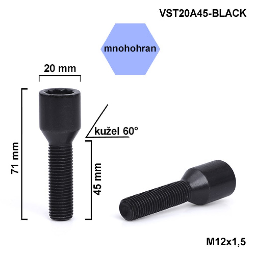 Kolový šroub M12x1,5x45 kužel s vnitř. mnohohranem (VST20A45-BLACK) hlava 20mm, výška 71