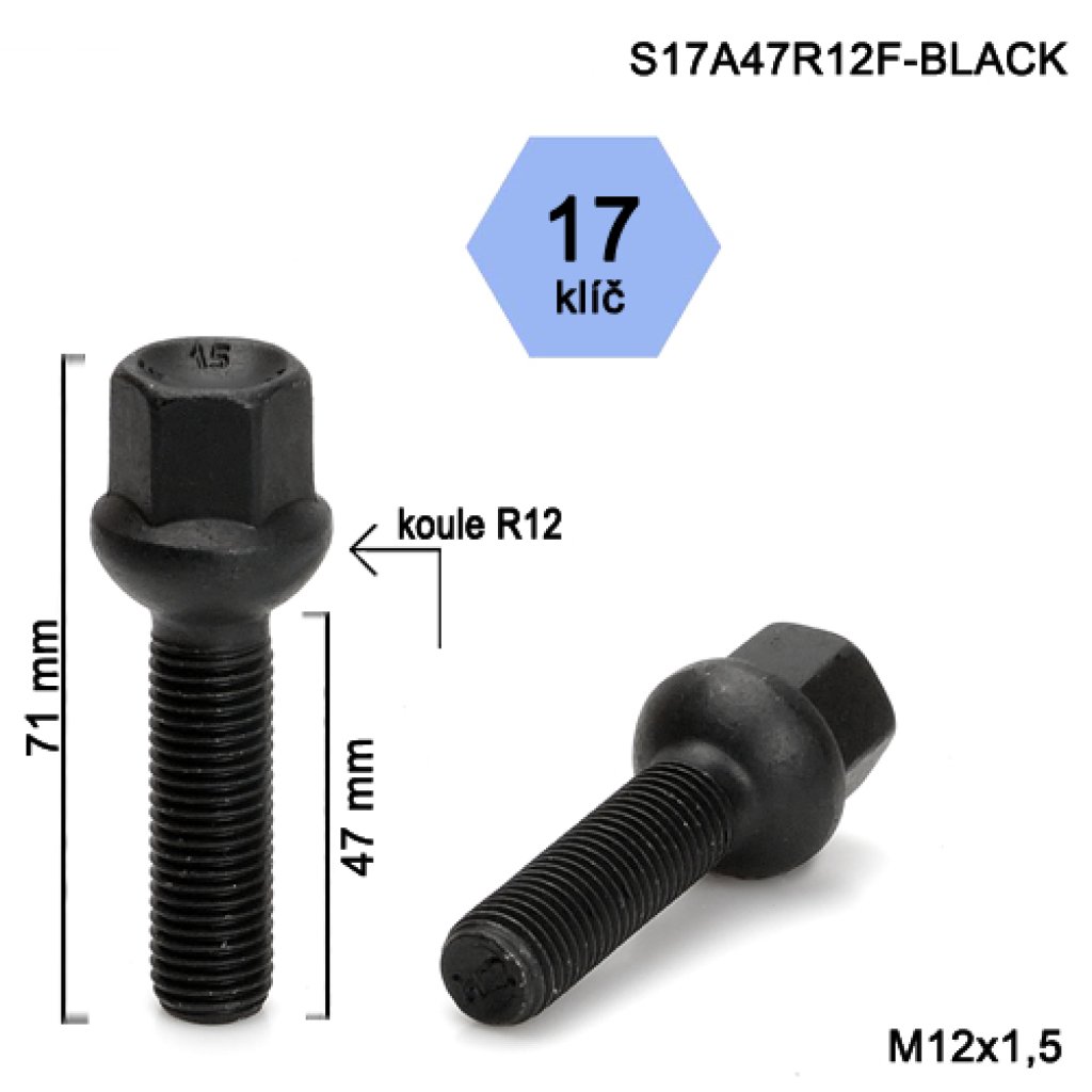 Kolový šroub M12x1,5x47 kulová R12, klíč 17 (S17A47R12F-BLACK) černý, výška 71mm