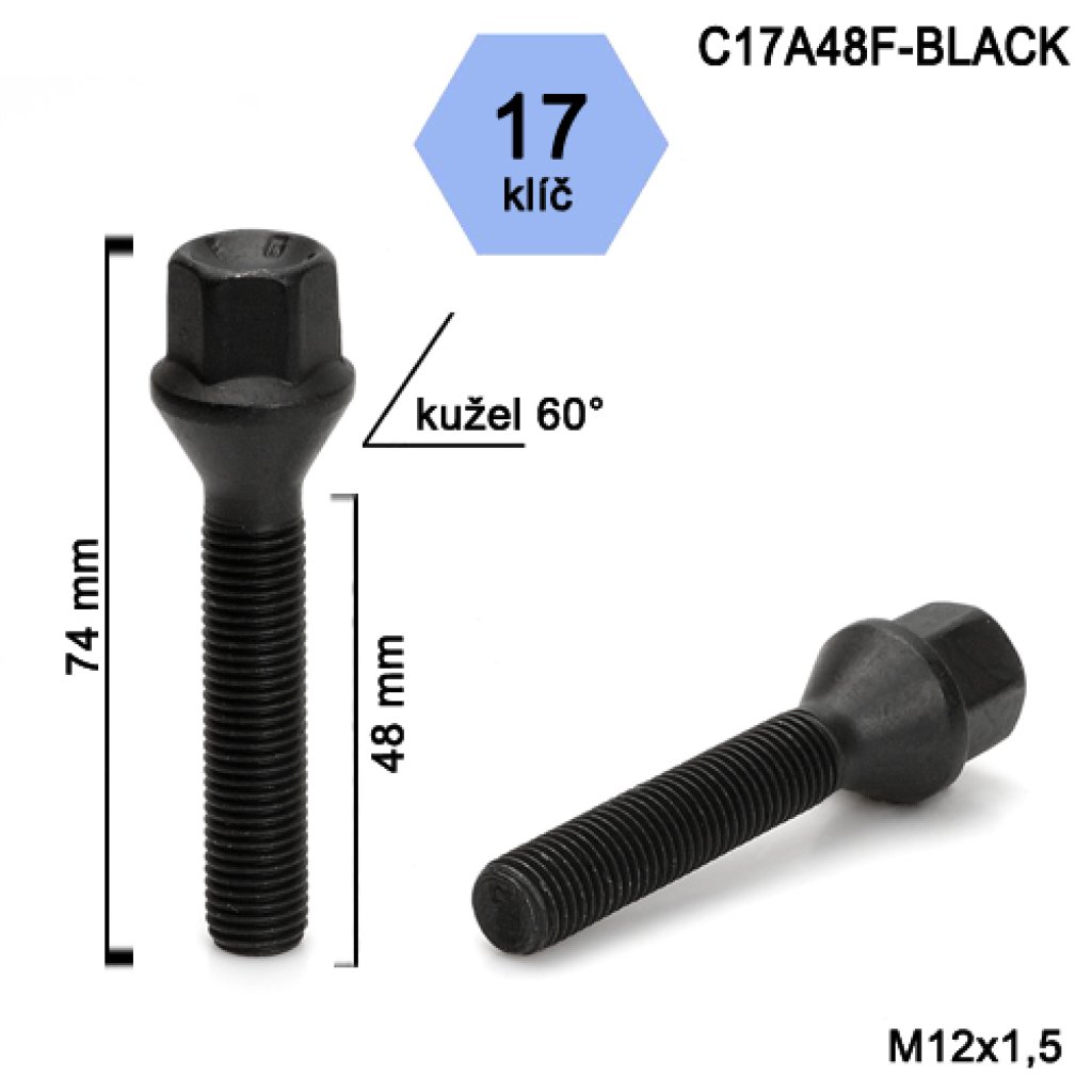 Kolový šroub M12x1,5x48 kužel, klíč 17 (C17A48F-BLACK) (SA7B/S BLK) černý, výška 74mm