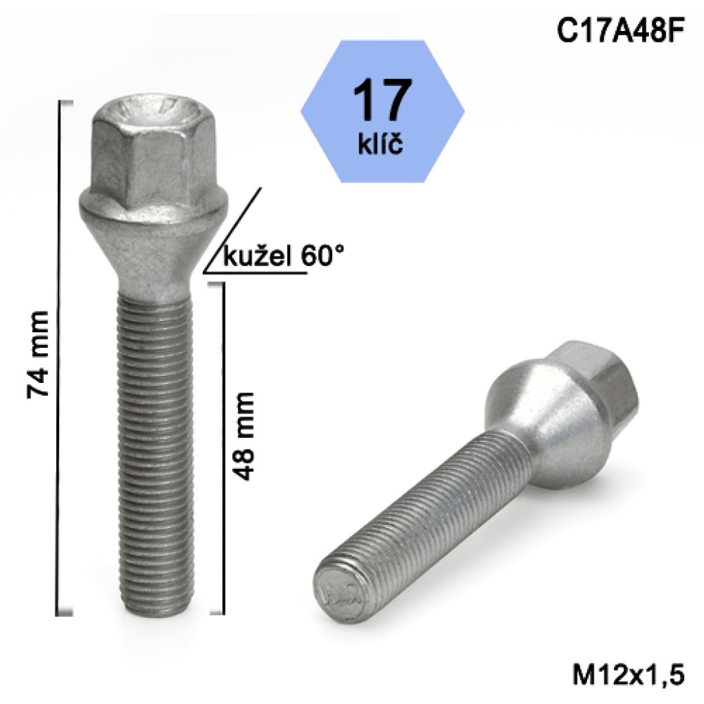 Kolový šroub M12x1,5x48 kužel, klíč 17 (C17A48F)(SA7B/S) výška 74mm