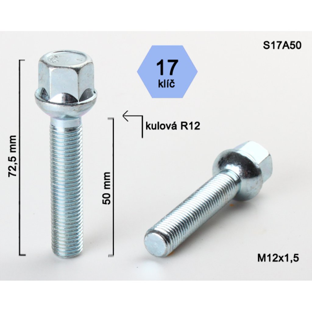 Kolový šroub M12x1,5x50 kulová R12, klíč 17 (S17A50R12) výška 72,5mm