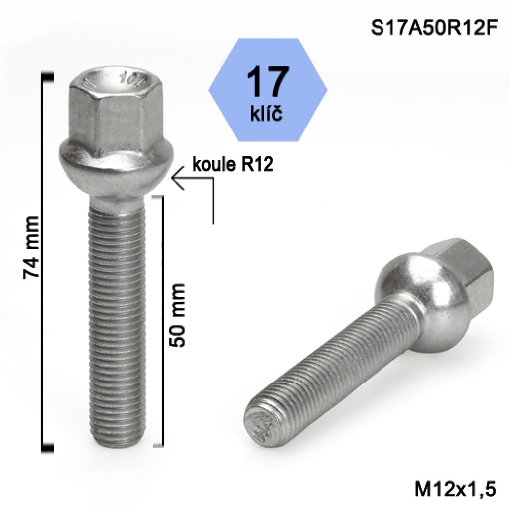Kolový šroub M12x1,5x50 kulová R12, klíč 17 (S17A50R12F); výška 74mm