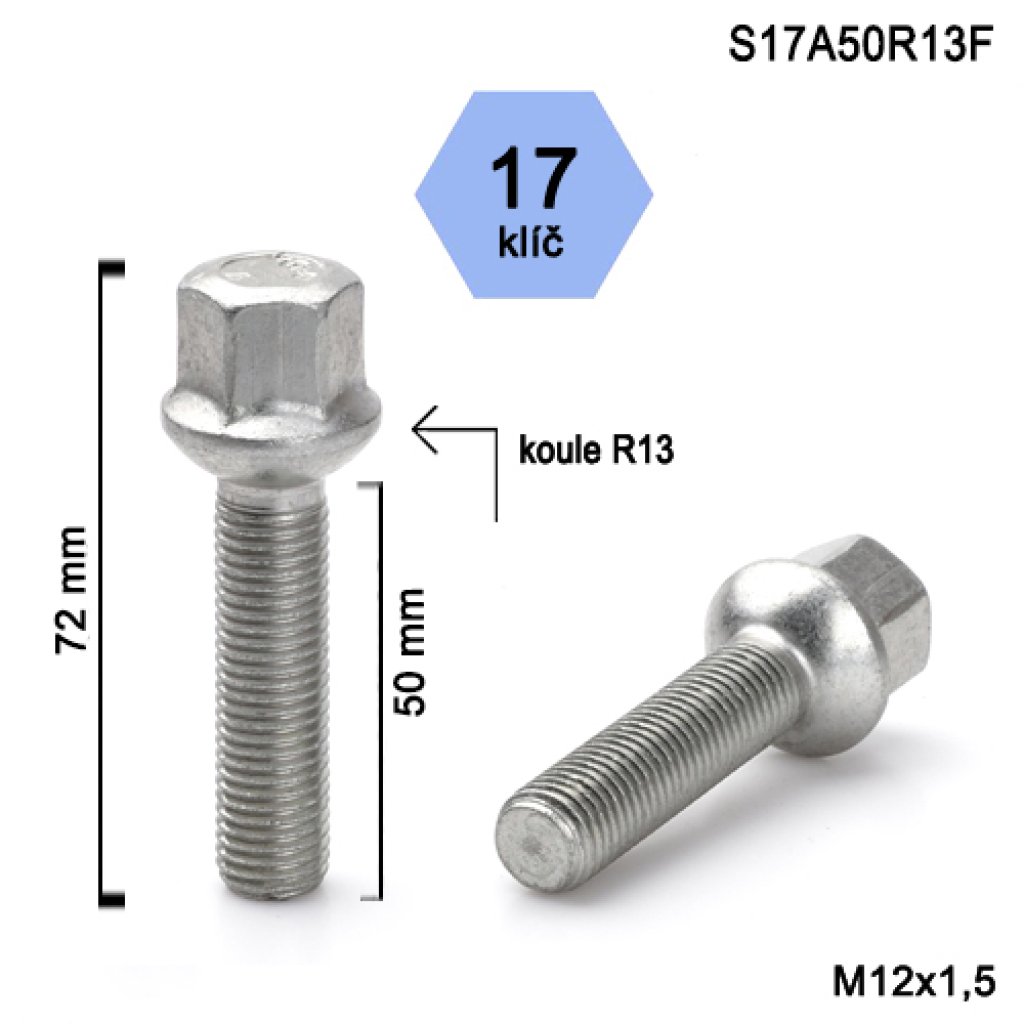 Kolový šroub M12x1,5x50 kulová R13, klíč 17 (S17A50R13F), výška 72mm