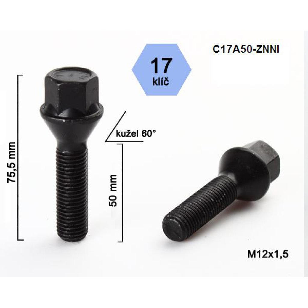Kolový šroub M12x1,5x50 kužel, klíč 17 (C17A50-BLACK) černý, výška 75,5mm