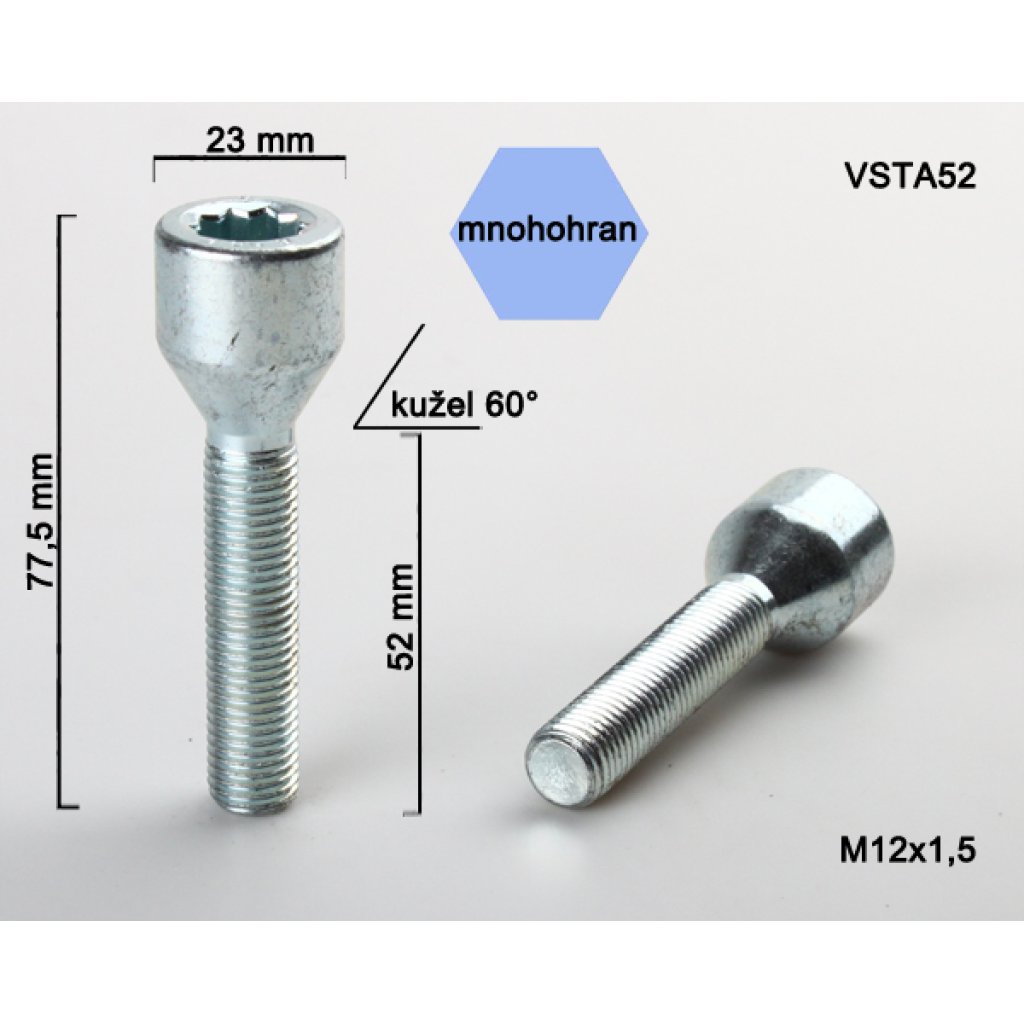 Kolový šroub M12x1,5x52 kužel s vnitřním mnohohranem (VSTA52) prům. hlavy 23mm, výška 77,5