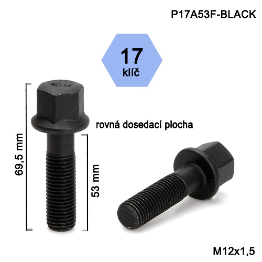 Kolový šroub M12x1,5x53 s rovnou dosed.plochou, klíč 17 (P17A53F-BLACK)černý, výška 69,5mm
