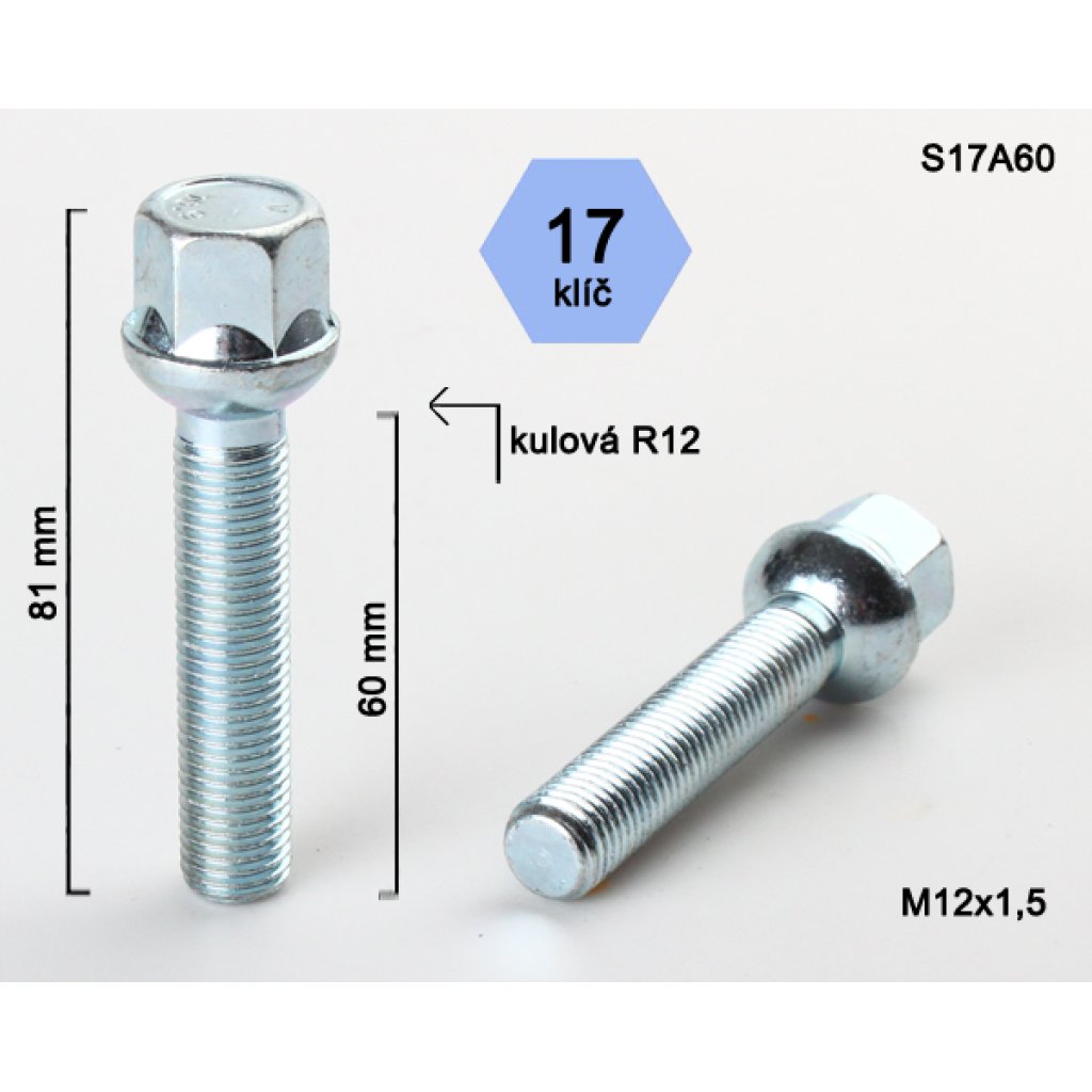Kolový šroub M12x1,5x60 kulová R12, klíč 17 (S17A60R12) výška 81mm