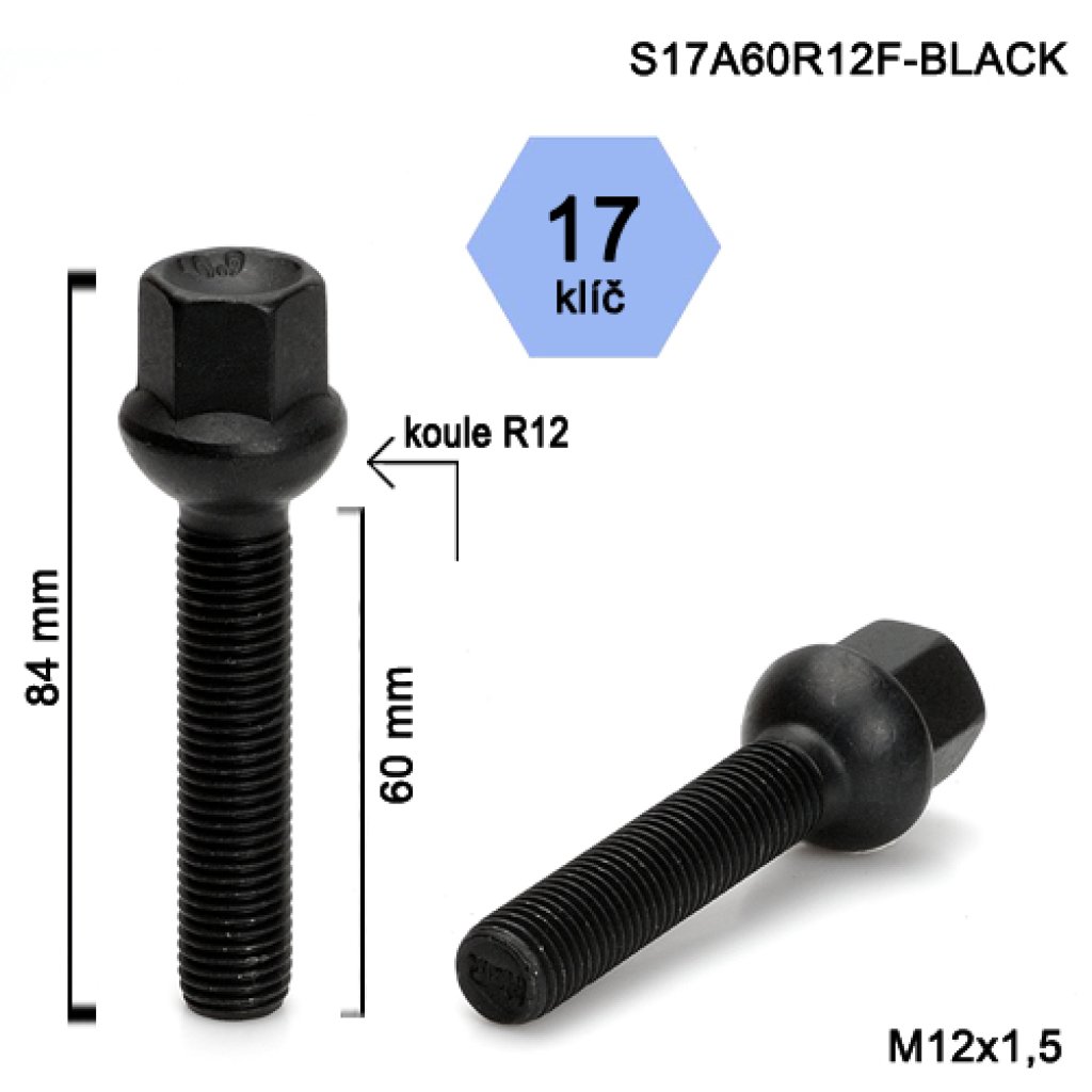 Kolový šroub M12x1,5x60 kulová R12, klíč 17 (S17A60R12F-BLACK) černý, výška 84mm