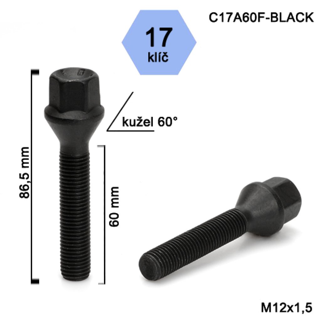 Kolový šroub M12x1,5x60 kužel, klíč 17 (C17A60F-BLACK) černý, výška 86,5mm