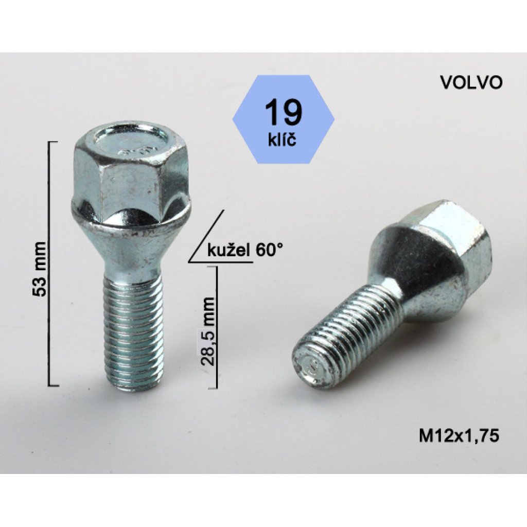 Kolový šroub M12x1,75x28,5 kužel, klíč 19 (VOLVO) výška 53mm