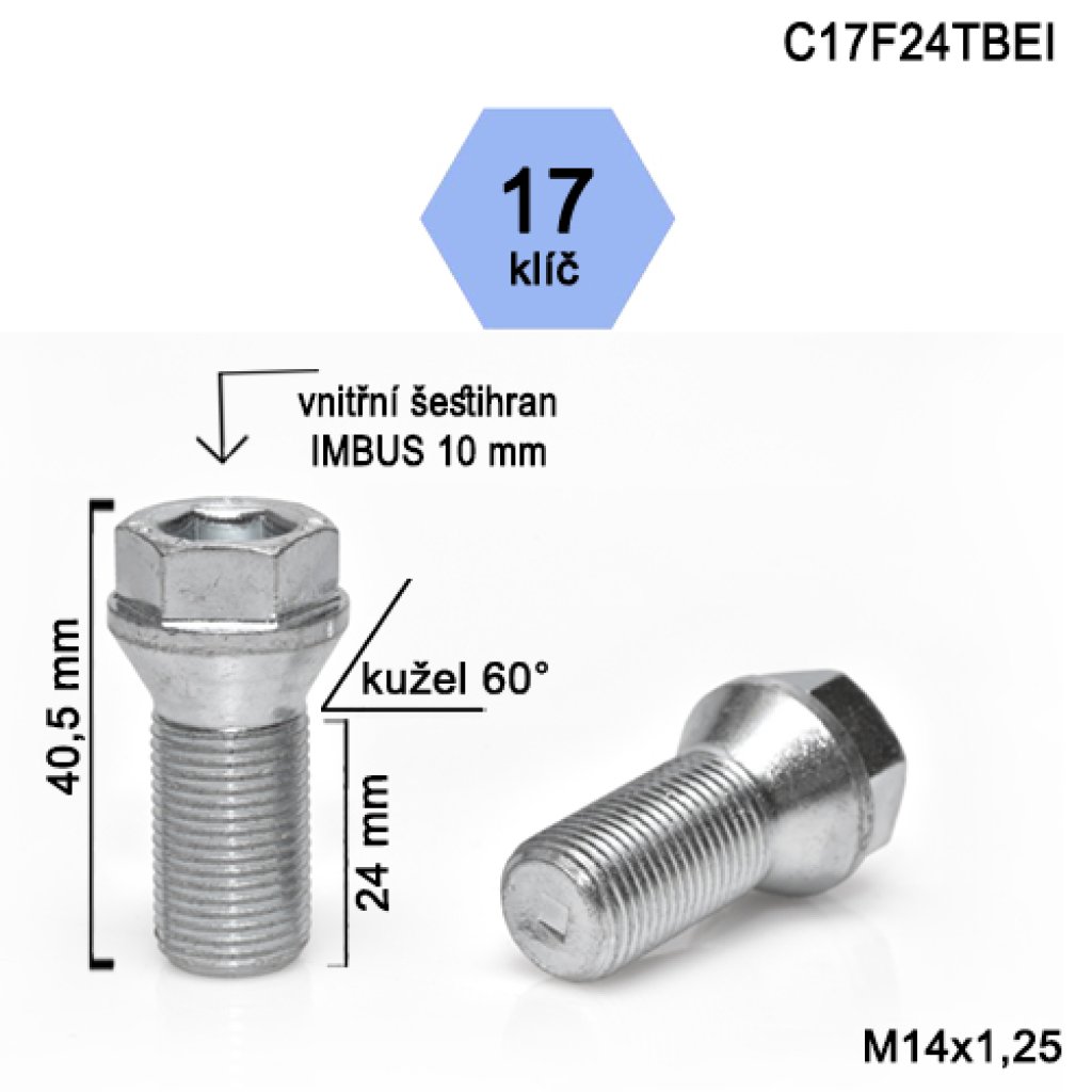 Kolový šroub M14x1,25x24 kužel s krátkou hlavou, klíč 17 (C17F24TBEI) výška 40,5mm