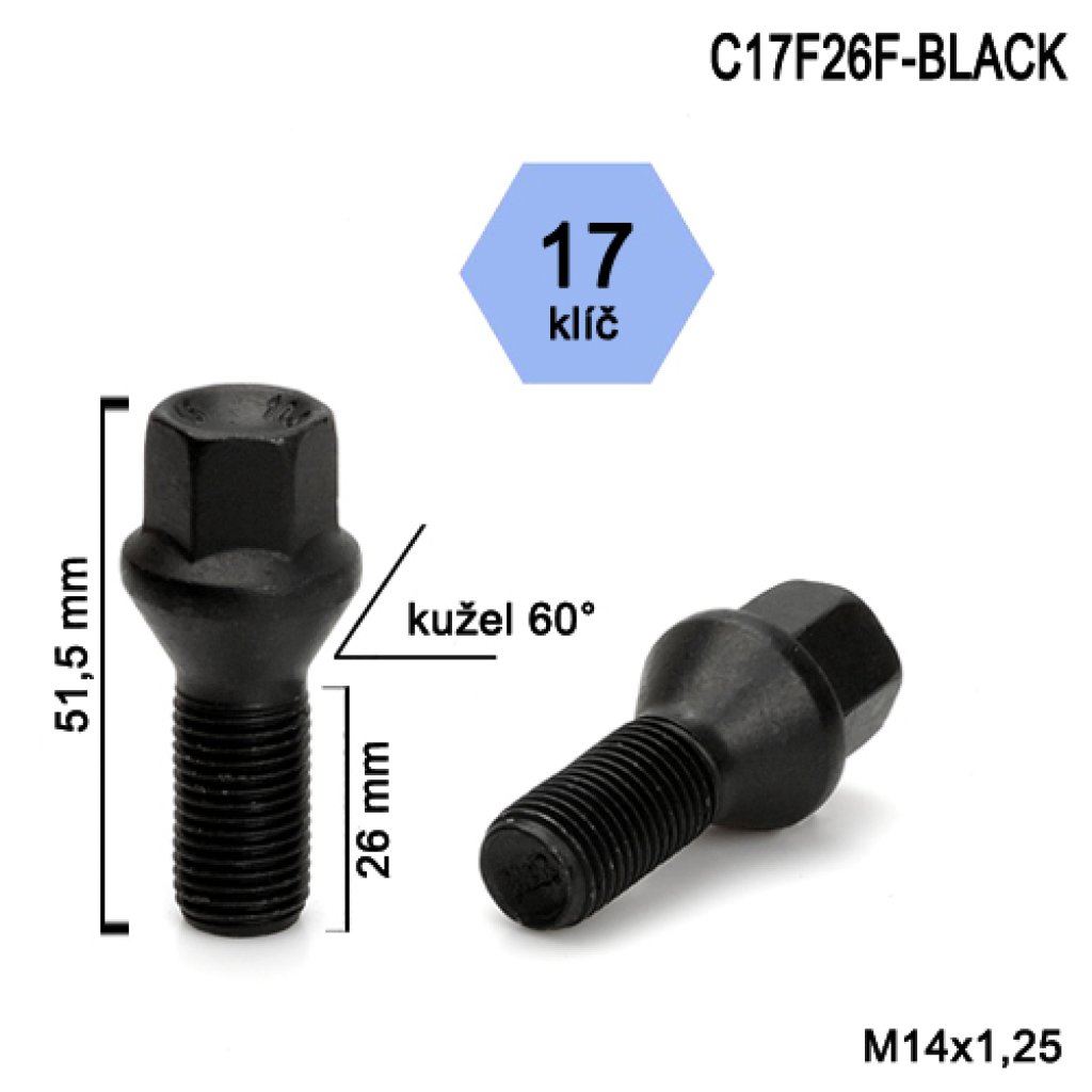 Kolový šroub M14x1,25x26 kužel, klíč 17 (C17F26F-BLACK) černý, výška 51,5mm