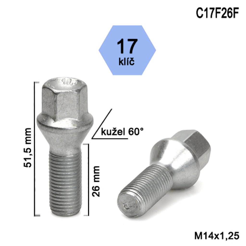 Kolový šroub M14x1,25x26 kužel, klíč 17 (C17F26F)(NBN/S) výška 51,5mm