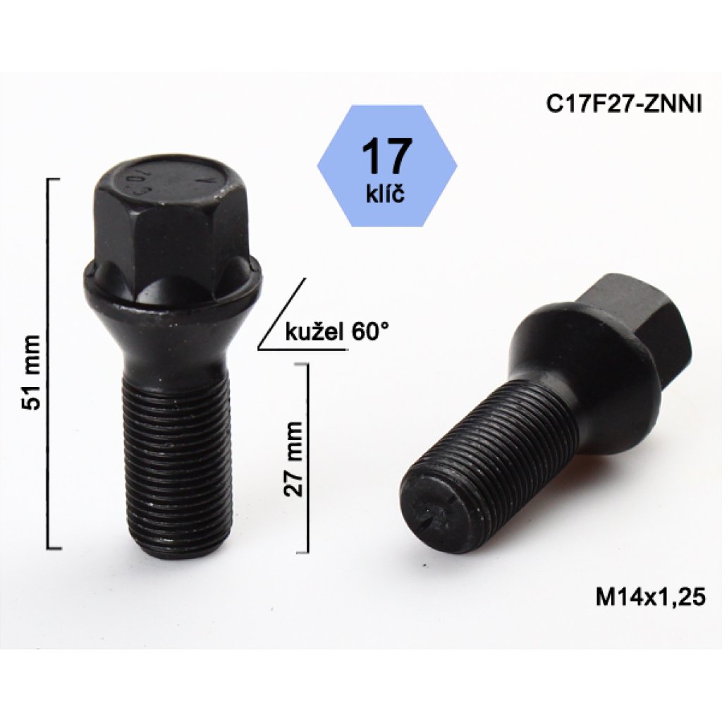 Kolový šroub M14x1,25x27 kužel, klíč 17 (C17F27-BLACK) černý, výška 51mm