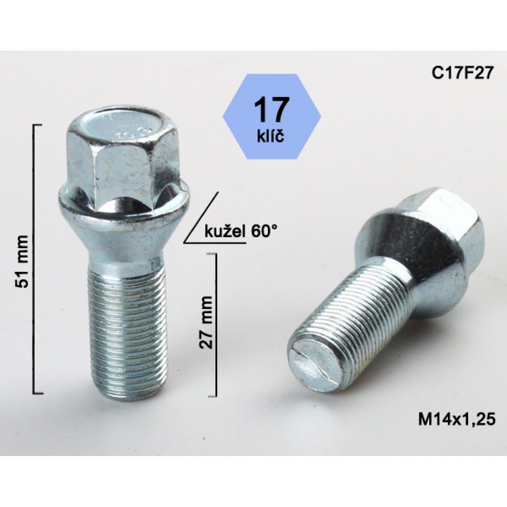 Kolový šroub M14x1,25x27 kužel, klíč 17 (C17F27) výška 51mm