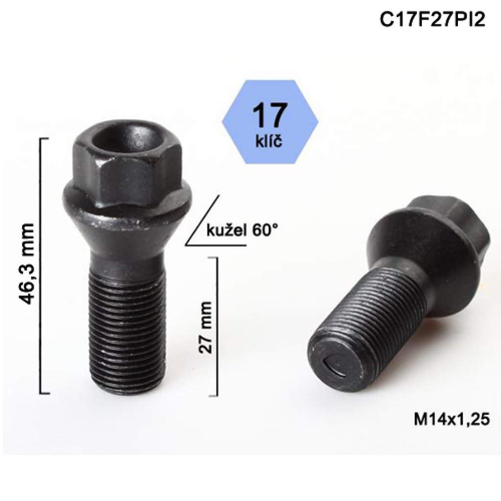 Kolový šroub M14x1,25x27 kužel, klíč 17 (C17F27PI2)(N3Z/S) výška 46,3mm