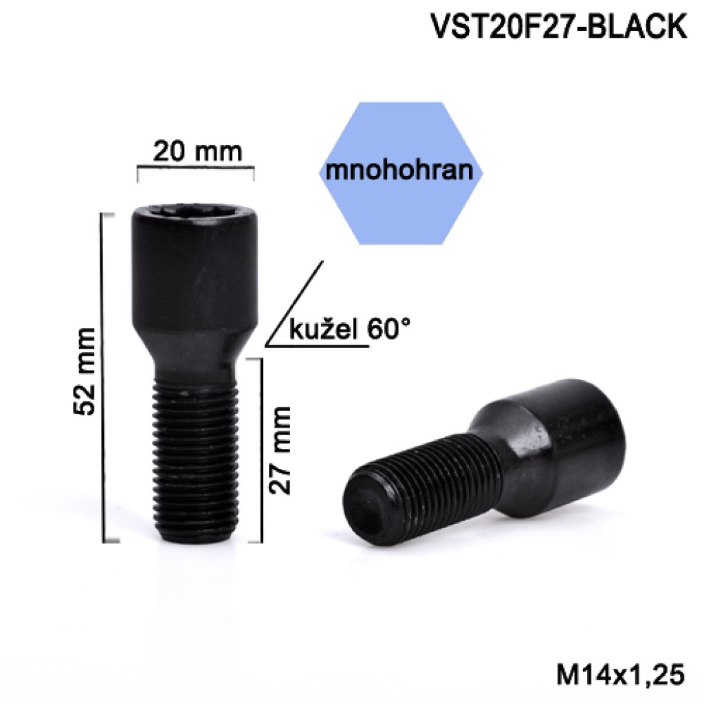Kolový šroub M14x1,25x27 kužel s vnitřním mnohohranem (VST20F27-BLACK)hlava 20mm, výška 52