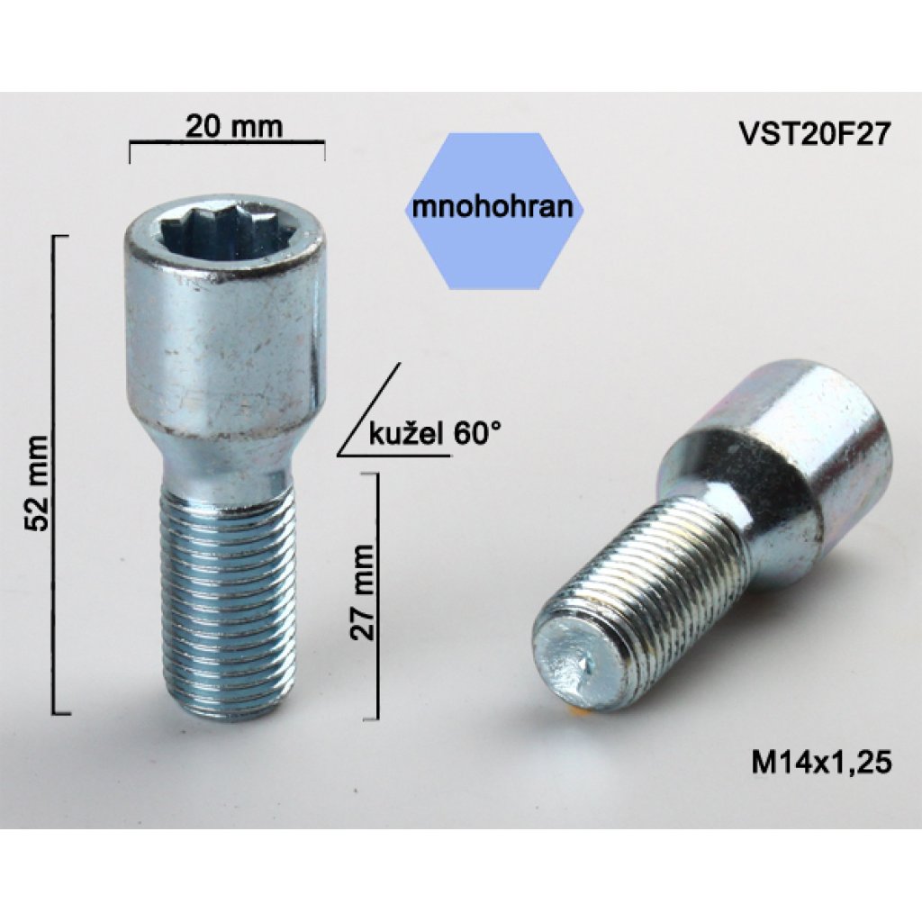 Kolový šroub M14x1,25x27 kužel s vnitřním mnohohranem (VST20F27) prům.hlavy 20mm, výška 52