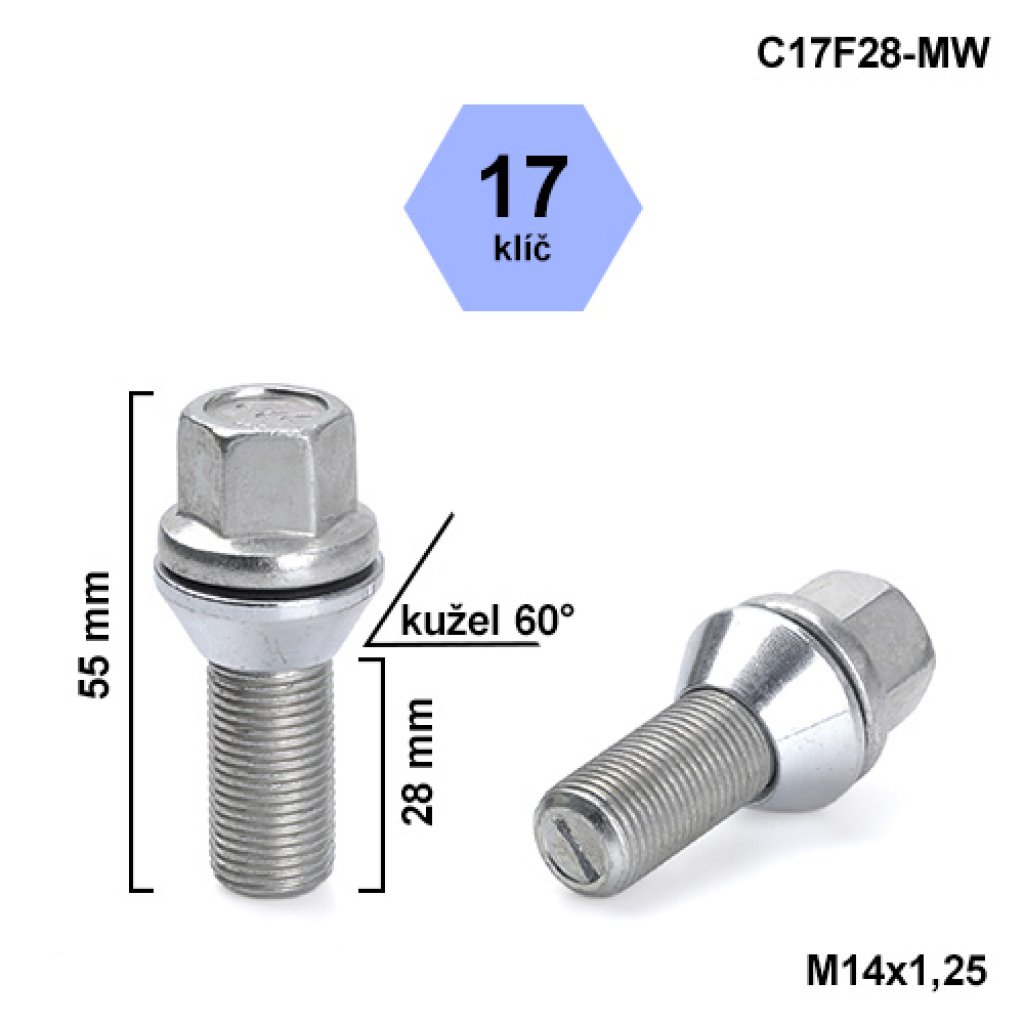 Kolový šroub M14x1,25x28 kužel pohyblivý, klíč 17 (C17F28-MW) výška 55mm