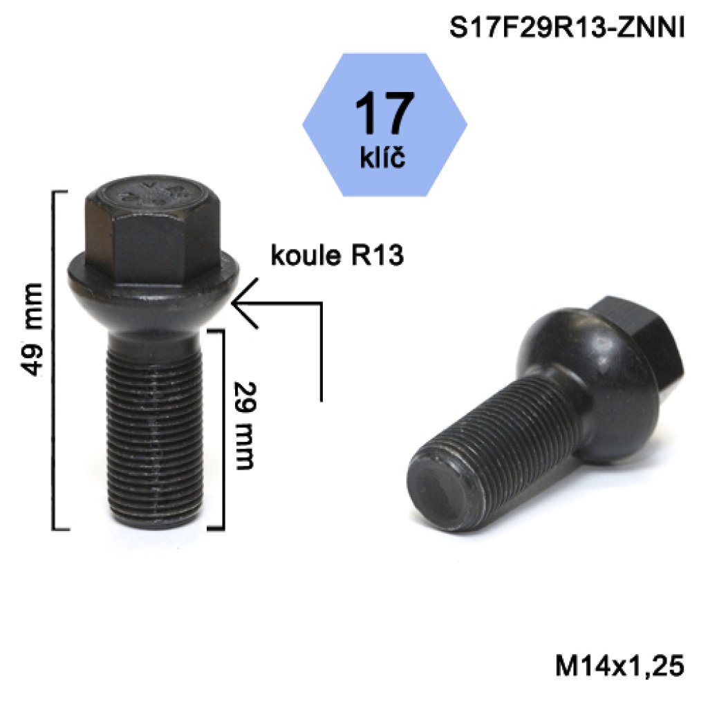 Kolový šroub M14x1,25x29 kulová R13, klíč 17 (S17F29R13-BLACK) černý, výška 49mm