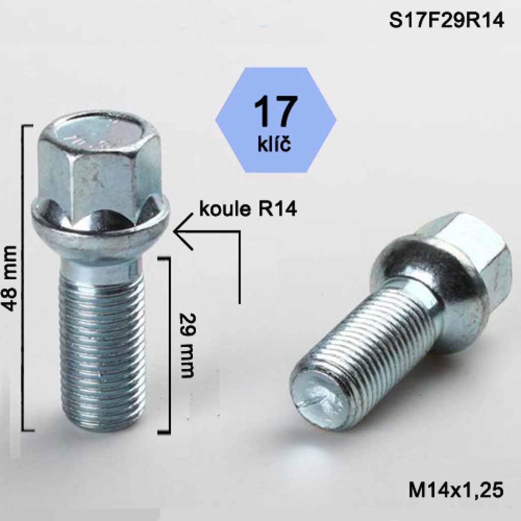 Kolový šroub M14x1,25x29 kulová R14, klíč 17 (S17F29R14) výška 48mm