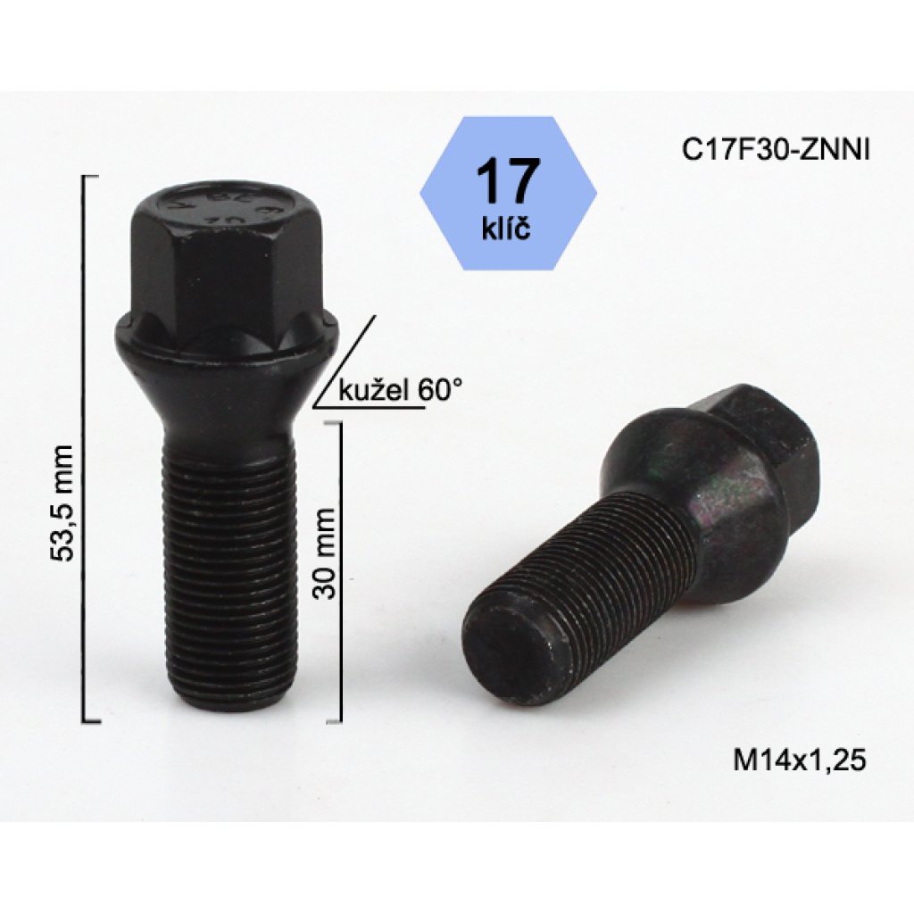 Kolový šroub M14x1,25x30 kužel, klíč 17 (C17F30-BLACK) černý, výška 53,5mm
