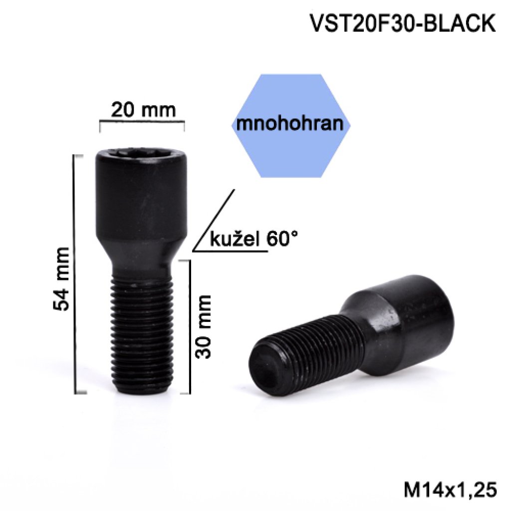 Kolový šroub M14x1,25x30 kužel s vnitřním mnohohranem (VST20F30-BLACK) hlava 20mm výška 54