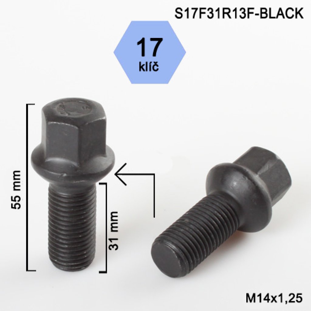 Kolový šroub M14x1,25x31 kulová R13, klíč 17 (S17F31R13F-BLACK), černý, výška 55mm