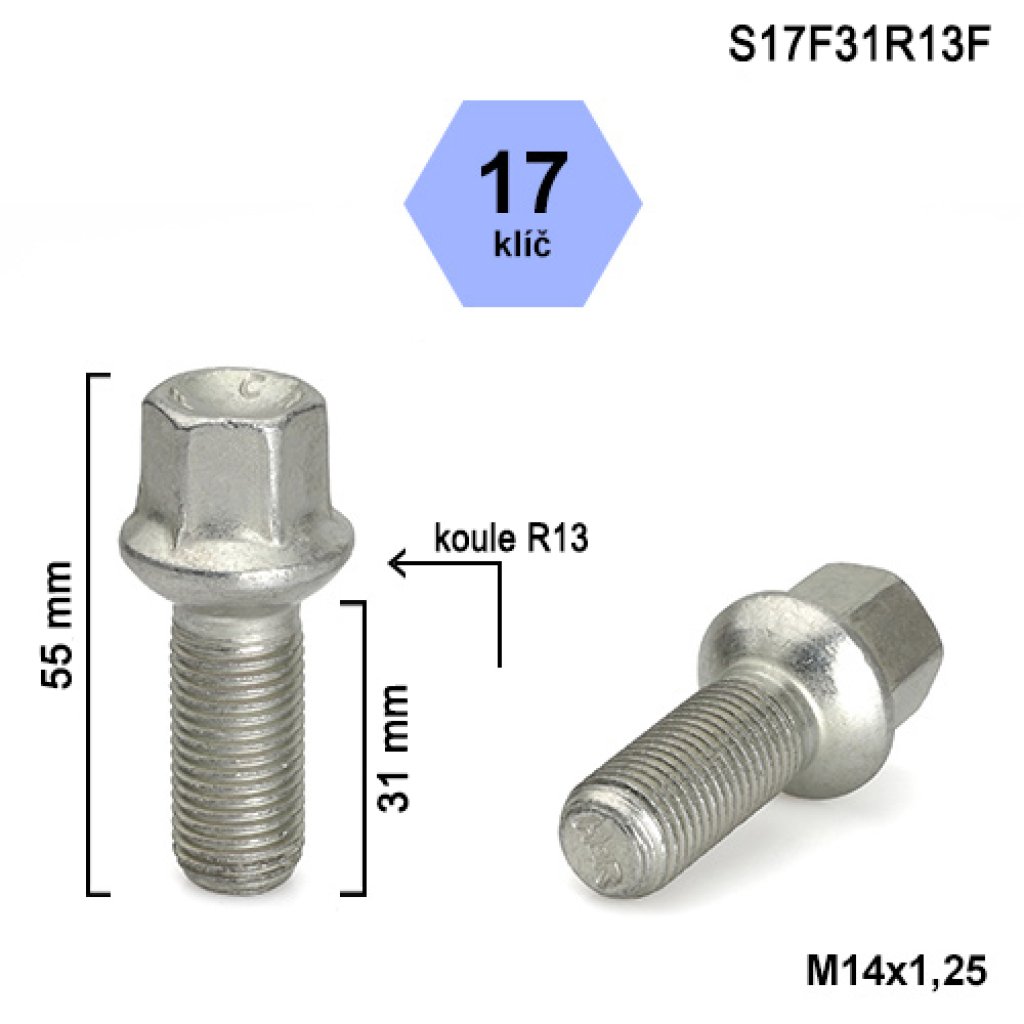 Kolový šroub M14x1,25x31 kulová R13, klíč 17 (S17F31R13F)(ZK1/S) výška 55mm