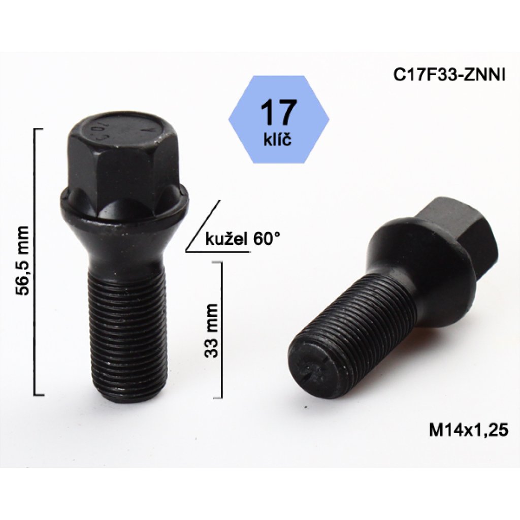 Kolový šroub M14x1,25x33 kužel, klíč 17 (C17F33-BLACK) černý, výška 56,5mm