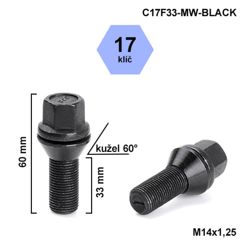 Kolový šroub M14x1,25x33 kužel pohyblivý černý, klíč 17 (C17F33-MW-BLACK) výška 60mm