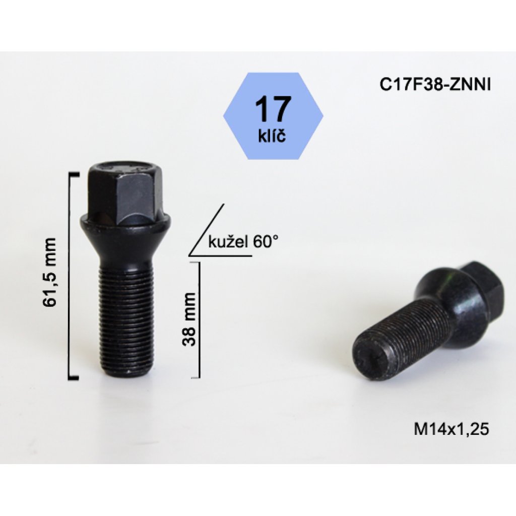 Kolový šroub M14x1,25x38 kužel, klíč 17 (C17F38-BLACK) černý, výška 61,5mm