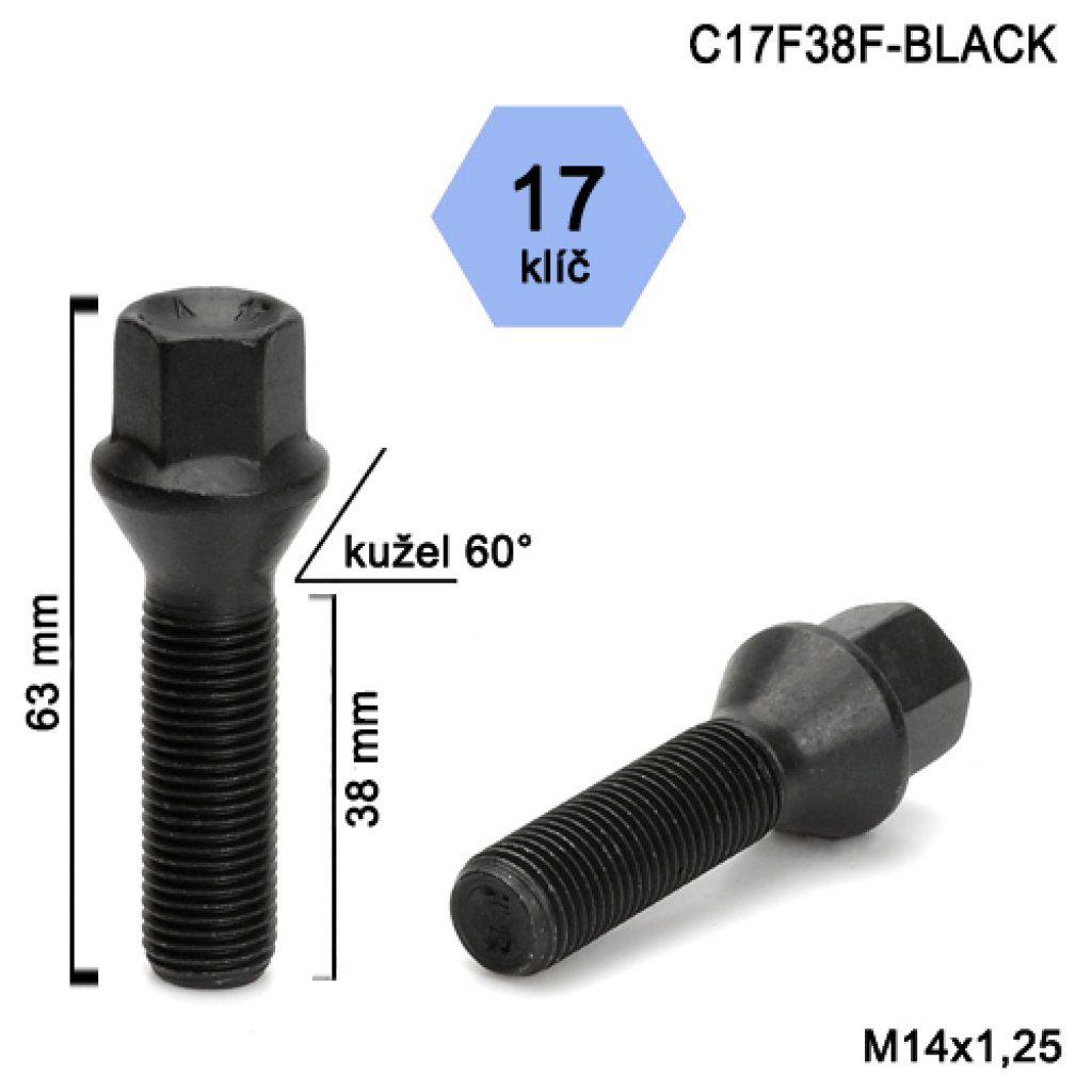 Kolový šroub M14x1,25x38 kužel, klíč 17 (C17F38F-BLACK)(N12BN12/S BLK) černý, výška 63mm