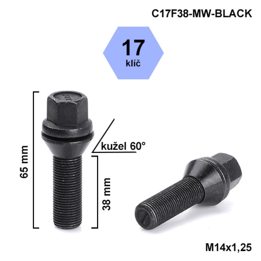 Kolový šroub M14x1,25x38 kužel pohyblivý černý, klíč 17 (C17F38-MW-BLACK) výška 65mm