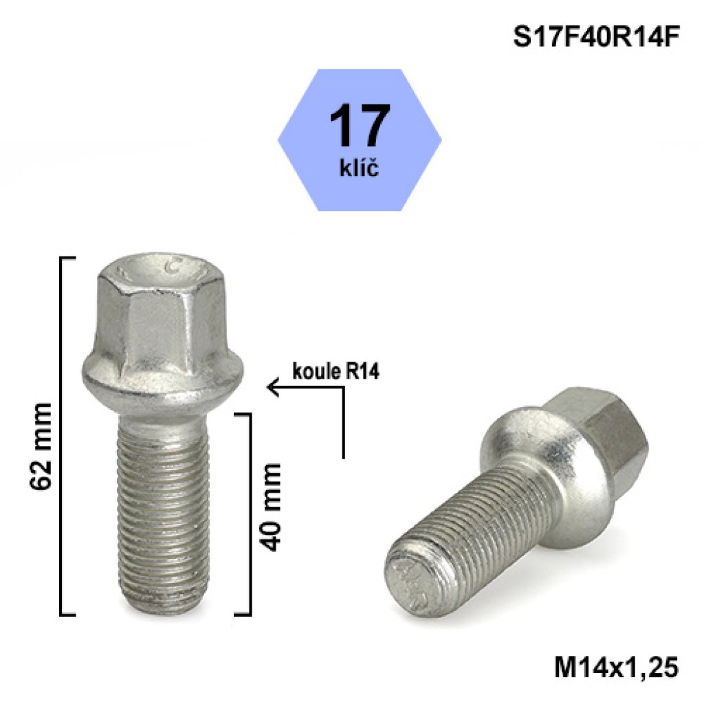 Kolový šroub M14x1,25x40 kulová R14, klíč 17 (S17F40R14F) výška 62mm