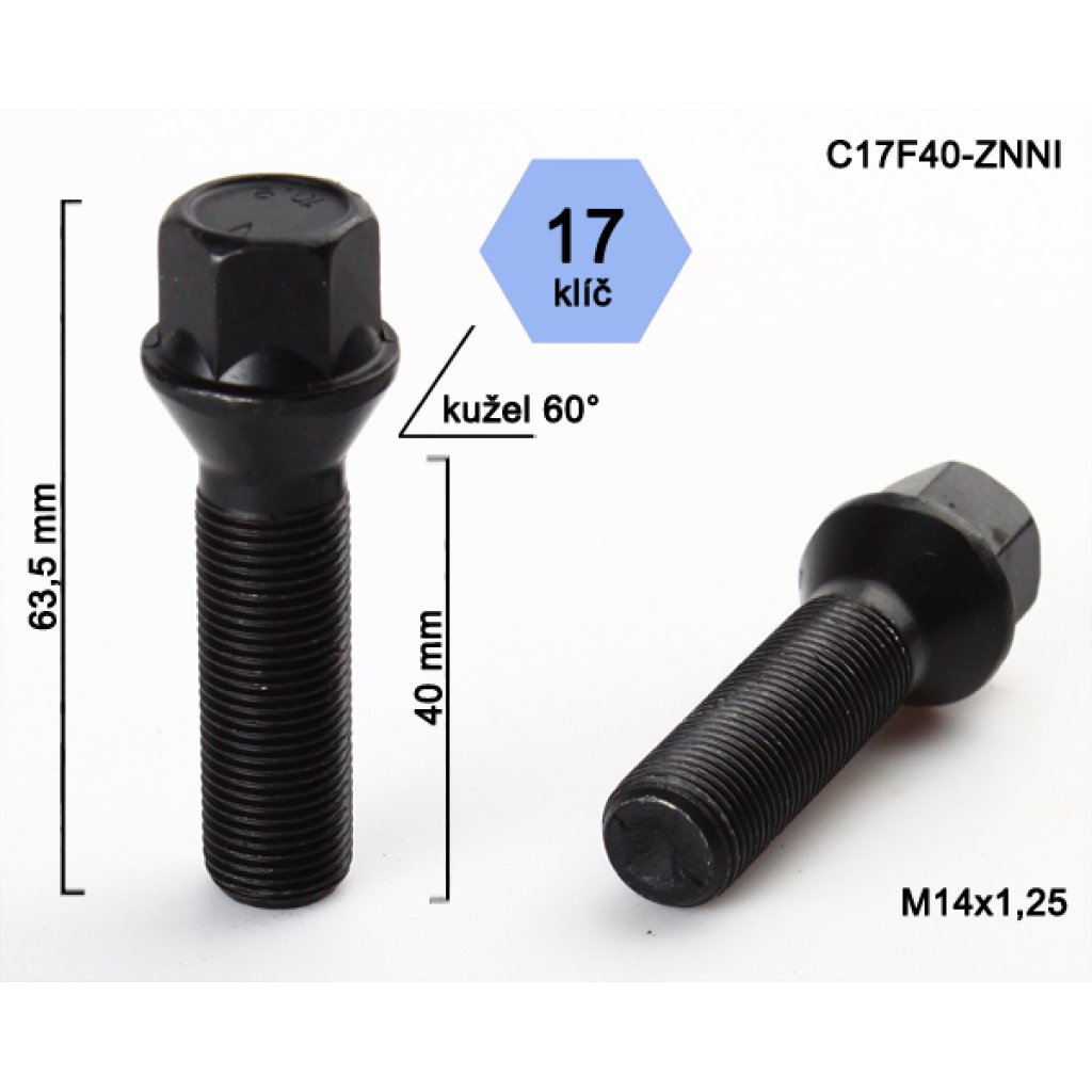 Kolový šroub M14x1,25x40 kužel, klíč 17 (C17F40-BLACK) černý, výška 63,5mm