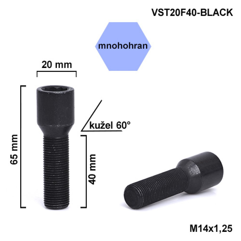 Kolový šroub M14x1,25x40 kužel s vnitřním mnohohranem (VST20F40-BLACK) hlava 20mm výška 65