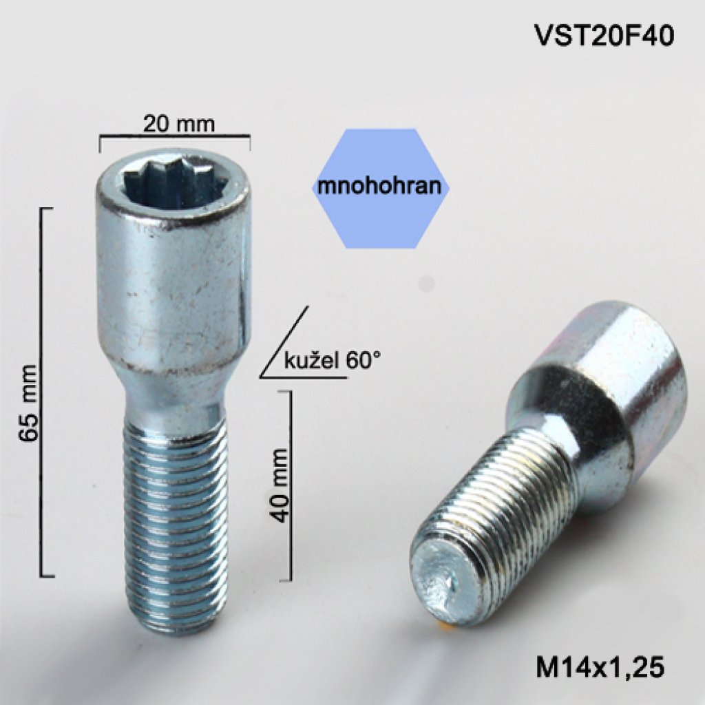 Kolový šroub M14x1,25x40 kužel s vnitřním mnohohranem (VST20F40) prům.hlavy 20mm, výška 65