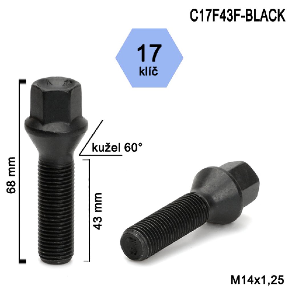 Kolový šroub M14x1,25x43 kužel, klíč 17 (C17F43F-BLACK)(N4BN4/S BLK) černý, výška 68mm
