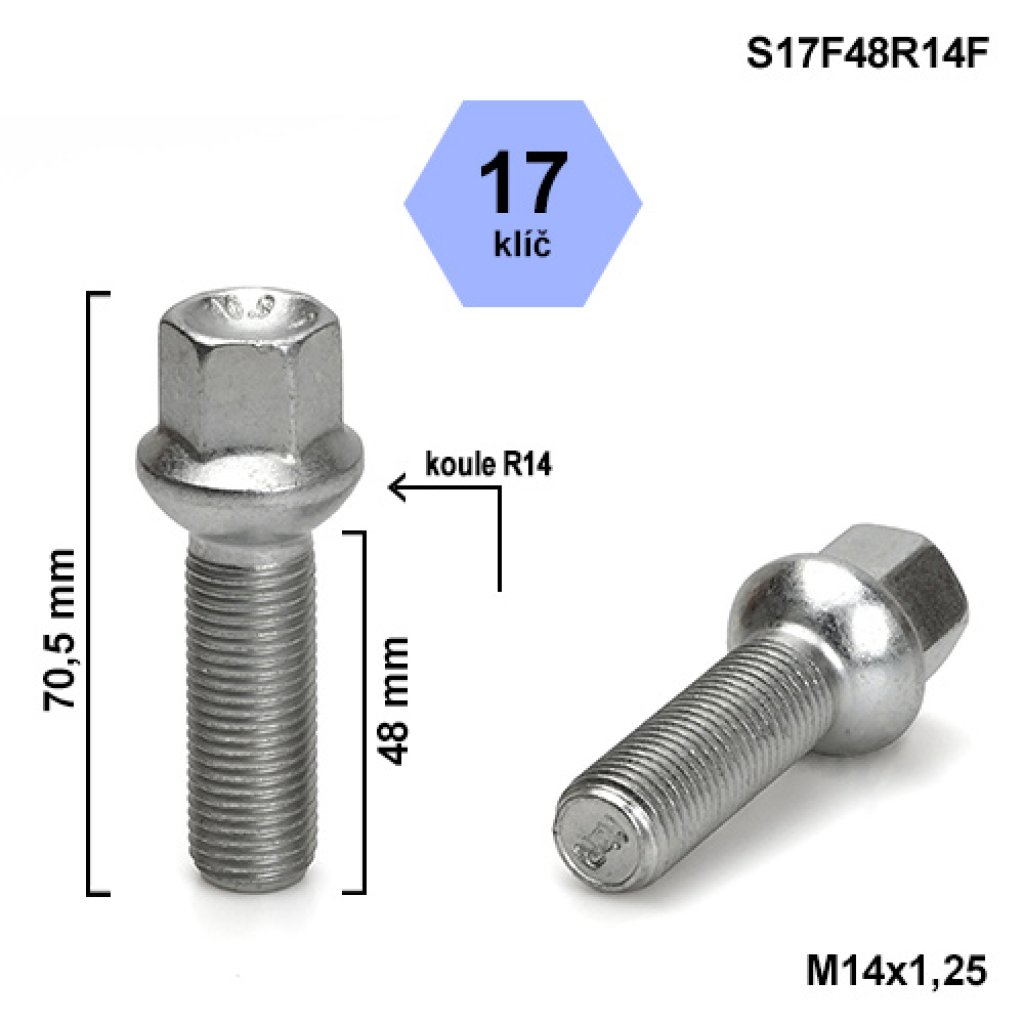 Kolový šroub M14x1,25x48 kulová R14, klíč 17 (S17F48R14F) výška 70,5mm