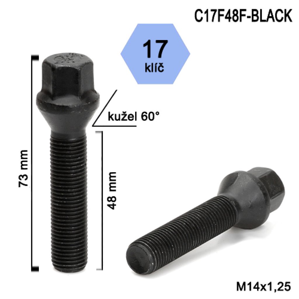 Kolový šroub M14x1,25x48 kužel, klíč 17 (C17F48F-BLACK) černý, výška 73mm