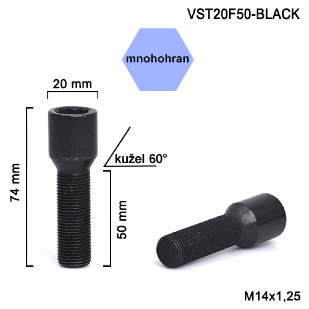 Kolový šroub M14x1,25x50 kužel s vnitřním mnohohranem (VST20F50-BLACK) hlava 20mm výška 74