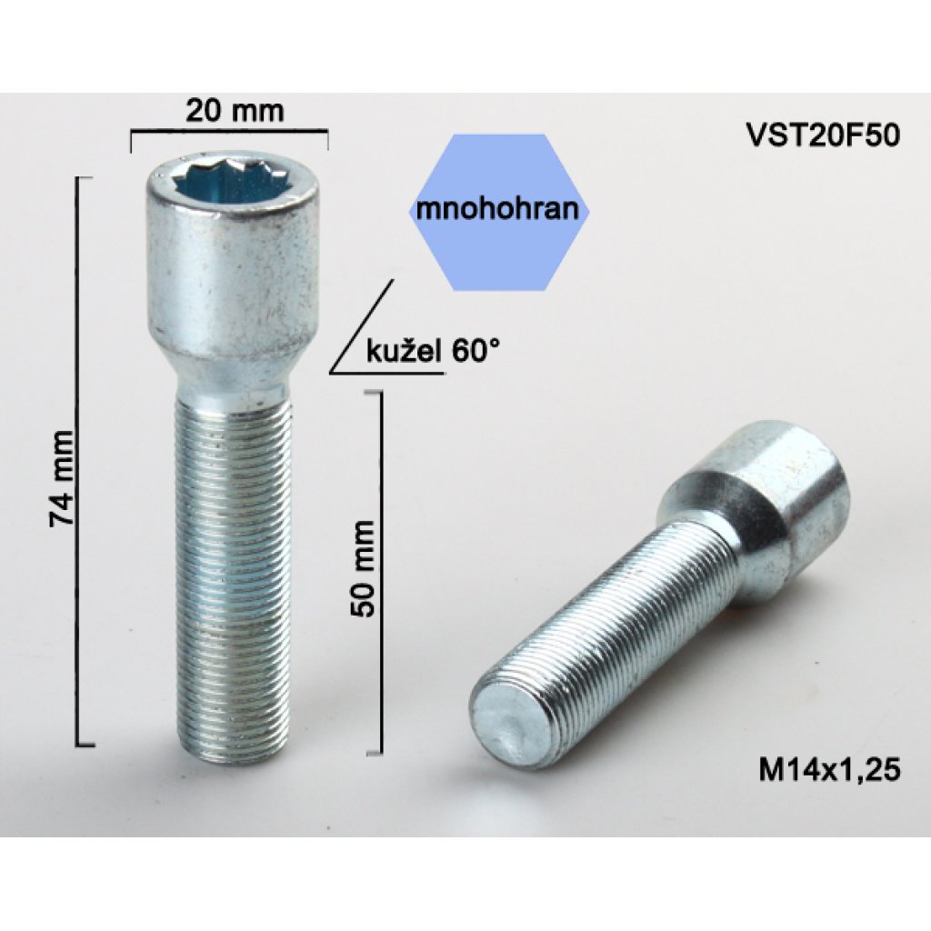 Kolový šroub M14x1,25x50 kužel s vnitřním mnohohranem (VST20F50) prům.hlavy 20mm, výška 74