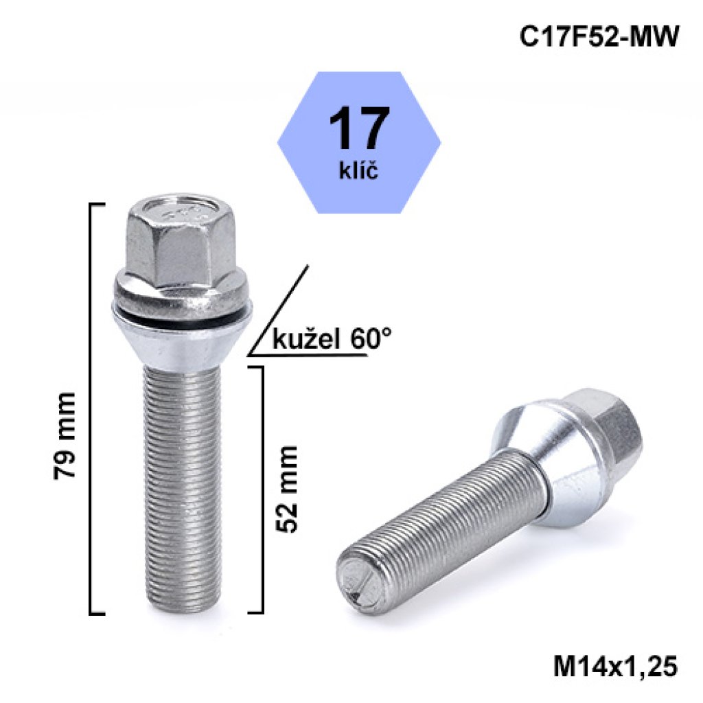 Kolový šroub M14x1,25x52 kužel pohyblivý, klíč 17 (C17F52-MW) výška 79mm