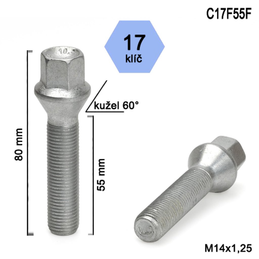 Kolový šroub M14x1,25x55 kužel, klíč 17 (C17F55F)(N7BN7/S) výška 80mm