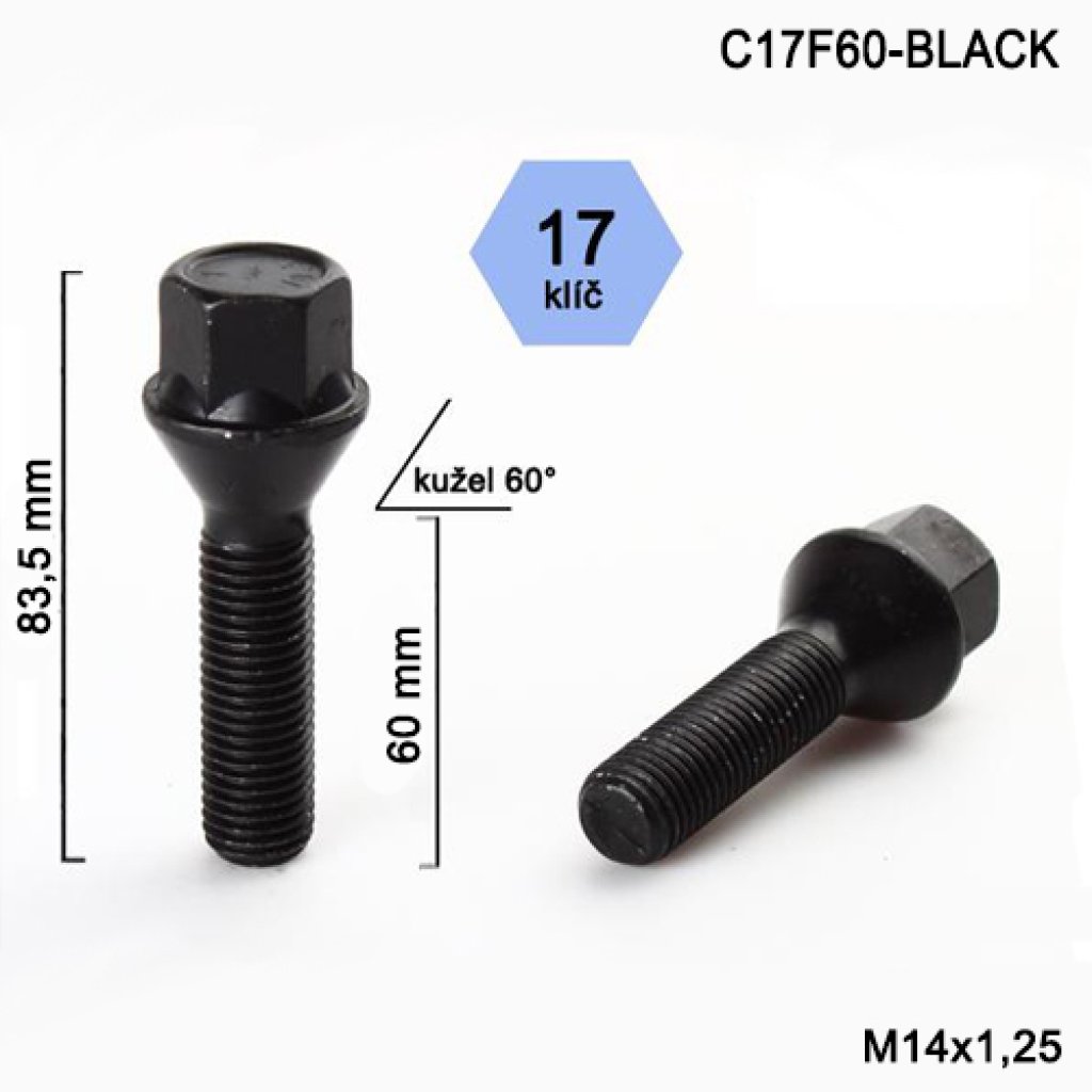 Kolový šroub M14x1,25x60 kužel, klíč 17 (C17F60-BLACK) černý, výška 83,5mm