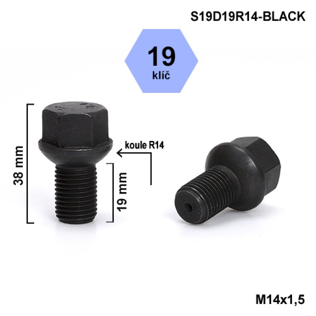 Kolový šroub M14x1,5x19 kulová R14, klíč 19 (S19D19R14) výška 38mm